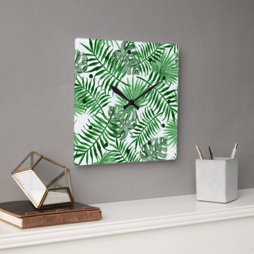 Tropical Green Palm Leaves Summer Watercolor Art Square Wall Clock