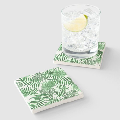 Tropical Green Palm Leaves Summer Watercolor Art Stone Coaster