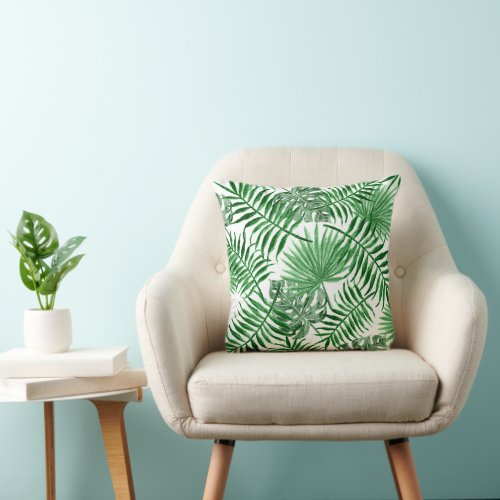 Tropical Green Palm Leaves Summer Watercolor Art Throw Pillow