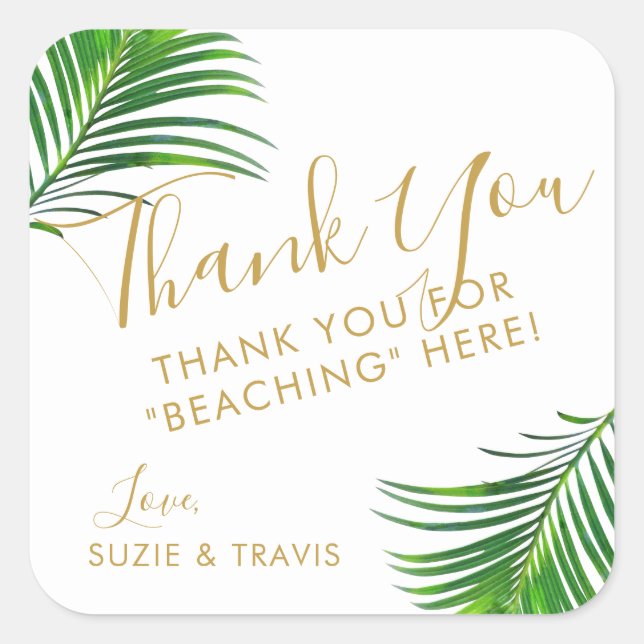 Tropical Green Palm Leaves Thank You Favor Square Sticker (Front)