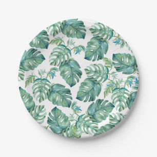 Tropical Green Palm Leaves Watercolor Picnic Paper Plates