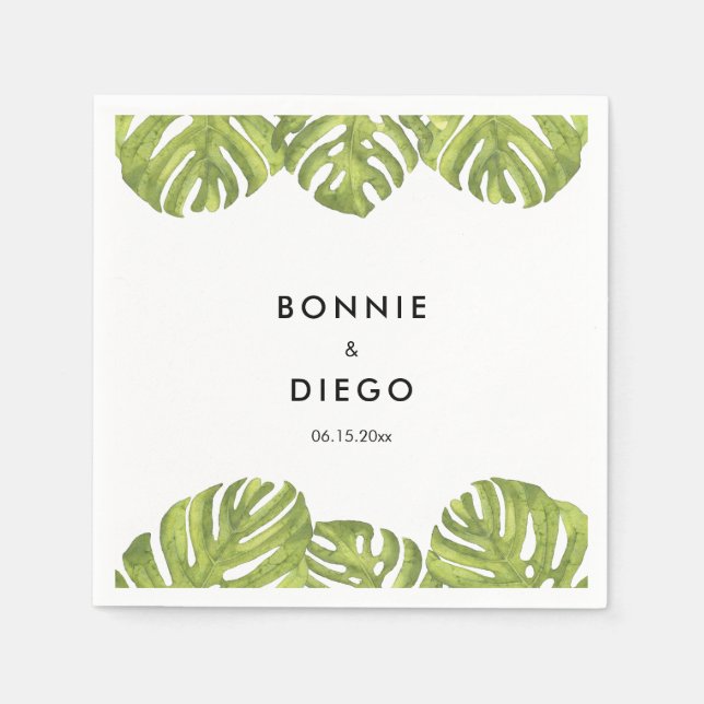 Tropical green palm leaves wedding napkins (Front)