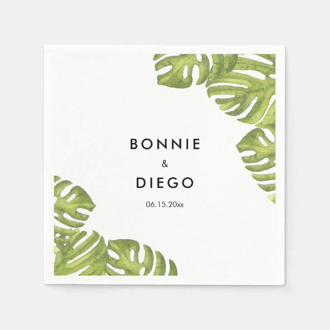 Tropical green palm leaves wedding napkins (Front)