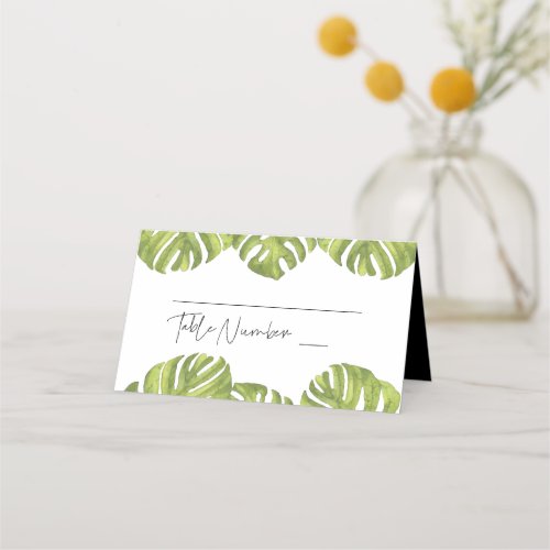 Tropical green palm leaves wedding place card