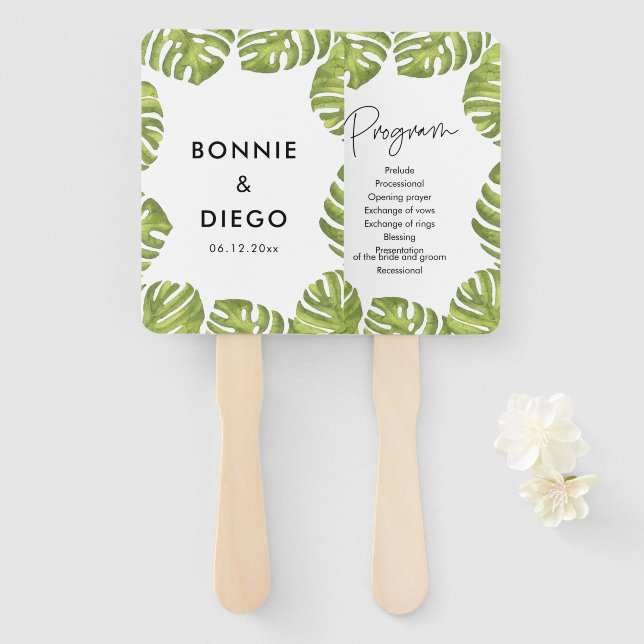 Tropical green palm leaves wedding program hand fan (Front and Back)