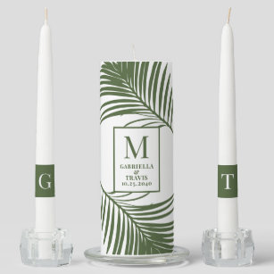 Tropical Green Palm Monogram Names Beach Wedding Unity Candle Set