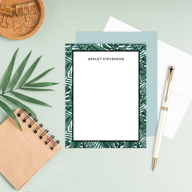 Tropical Green Palm Monstera Leaves Custom Name Note Card (Creator Uploaded)