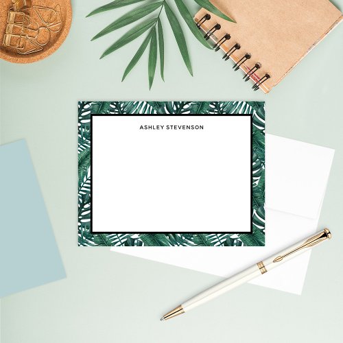 Tropical Green Palm Monstera Leaves Custom Name Note Card