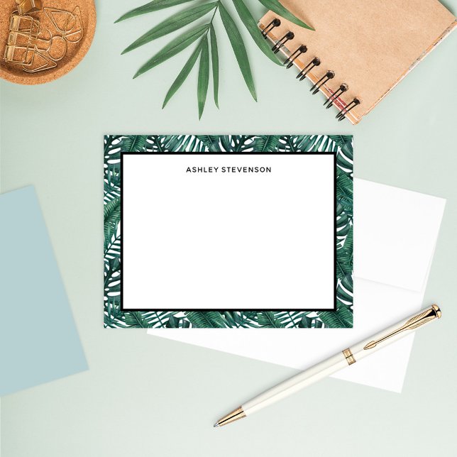 Tropical Green Palm Monstera Leaves Custom Name Note Card (Creator Uploaded)
