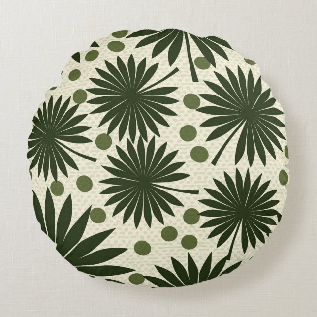 Tropical Green Palm Tree Art Round Pillow (Front)