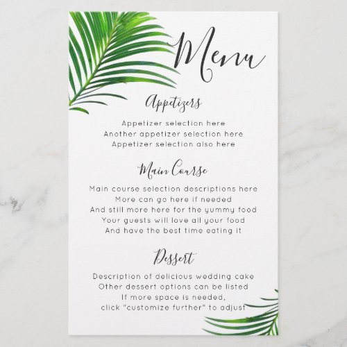 Tropical Green Palm Tree Leaves Reception Menu