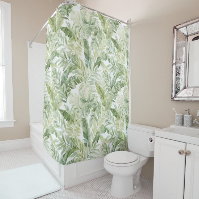 Tropical Green Palm Tree Leaves Shower Curtain (In Situ)