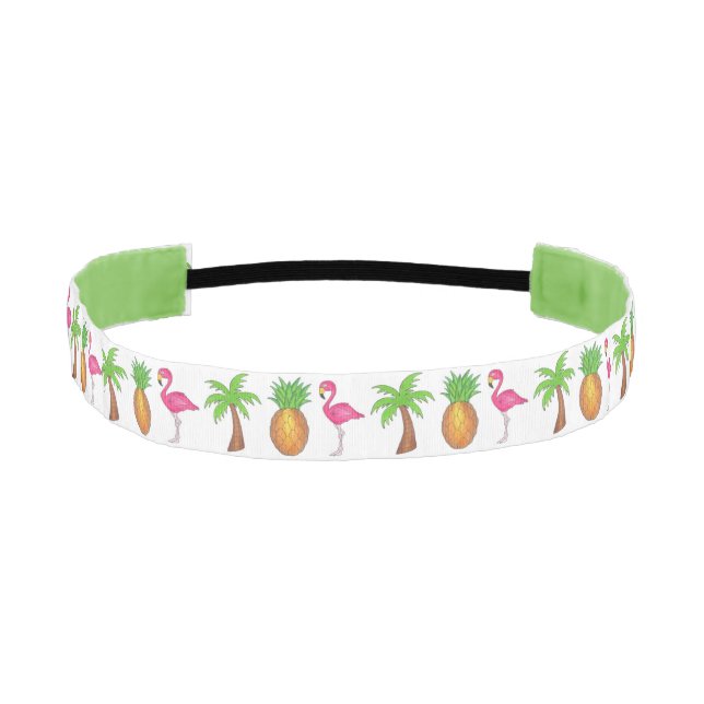Tropical Green Palm Tree Pineapple Pink Flamingo Athletic Headband (Front)