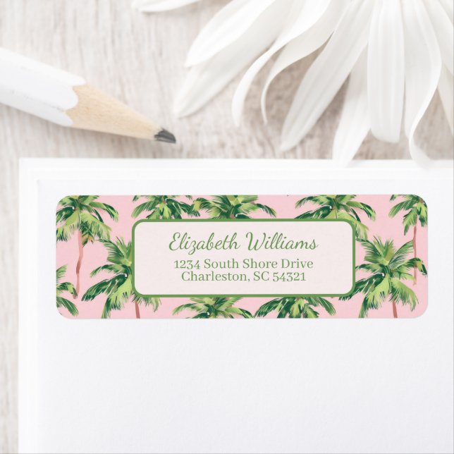 Tropical Green Palm Trees on Pink Return Address Label (Insitu)
