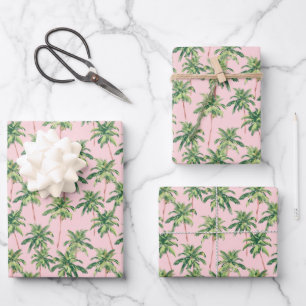 Tropical Green Palm Trees on Pink Wrapping Paper Sheets