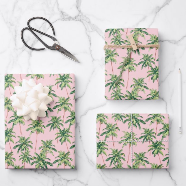 Tropical Green Palm Trees on Pink Wrapping Paper Sheets (Front)
