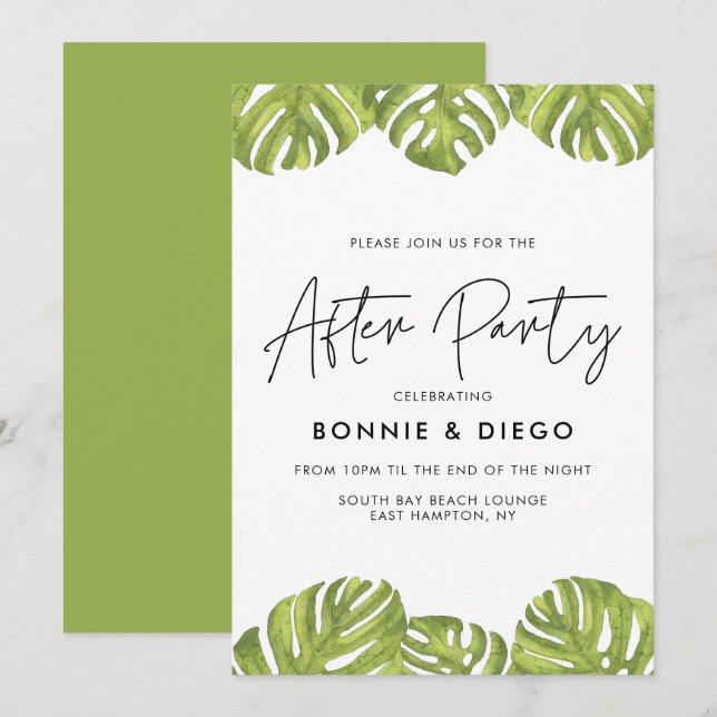 Tropical green palms wedding after party invitation (Front/Back)