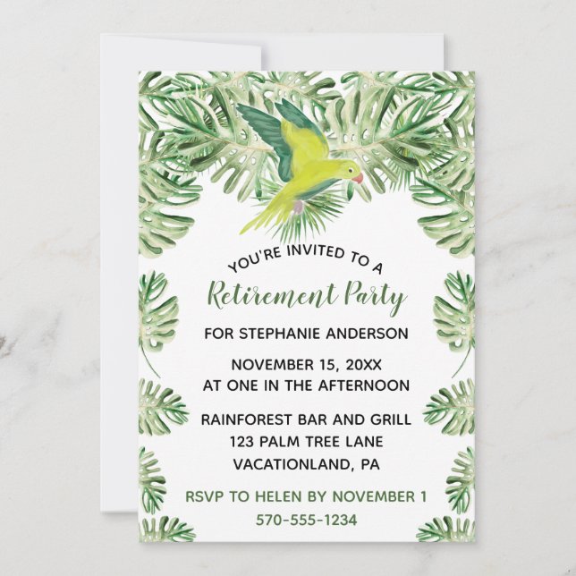Tropical Green Parrot and Leaves Retirement Party Invitation (Front)