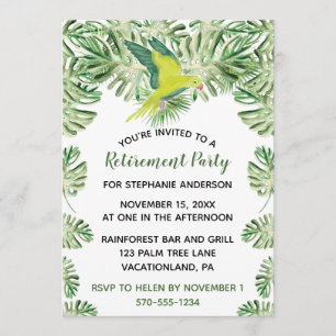 Tropical Green Parrot and Leaves Retirement Party Invitation