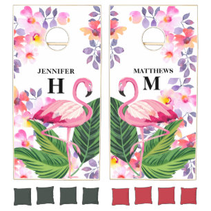Tropical Green Pink Flamingo Custom Name wedding Cornhole Set