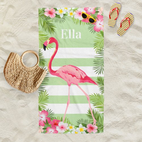 Tropical Green Pink Flamingo Floral Custom Name Beach Towel