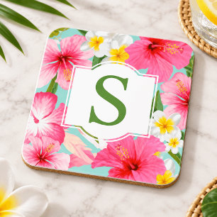 Tropical Green Pink Floral Custom Monogram Initial Beverage Coaster