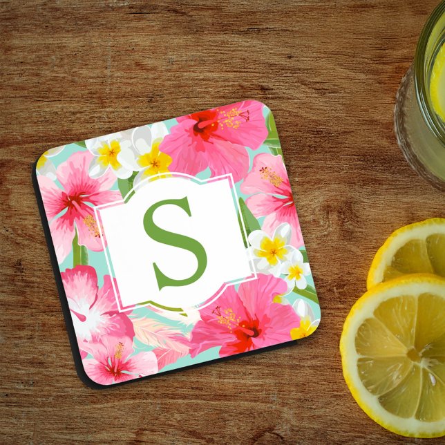 Tropical Green Pink Floral Custom Monogram Initial Beverage Coaster (Creator Uploaded)