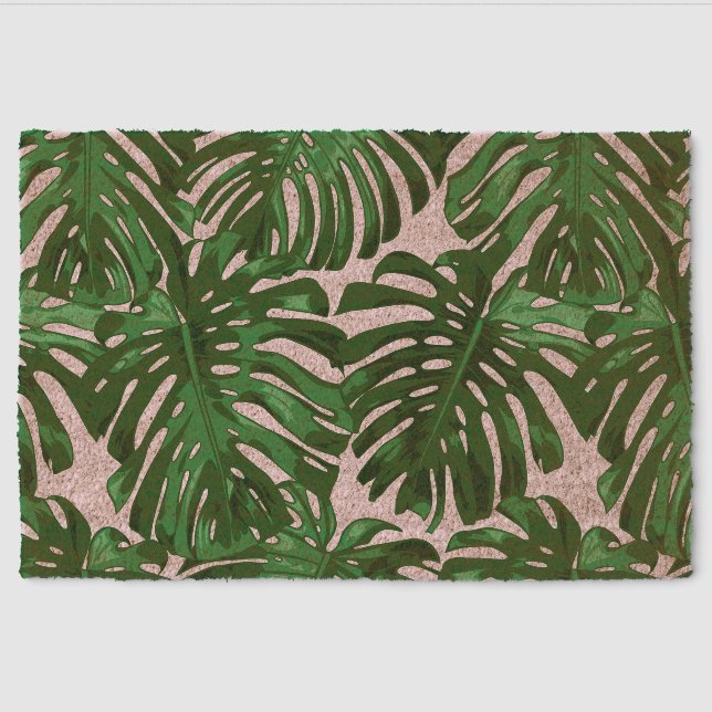 Tropical Green Pink Jungle Leaves Coir Fiber Doormat (Front)