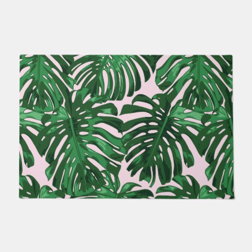 Tropical Green Pink Jungle Leaves Doormat
