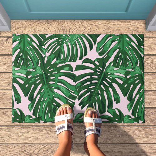 Tropical Green Pink Jungle Leaves Doormat