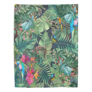 Tropical green plant leaves, flowers & Parrods Duvet Cover