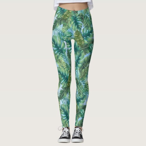 Tropical green plant leaves leggings