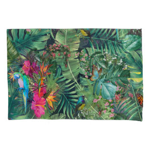 Tropical green plant leaves & Parrods Pillow Case