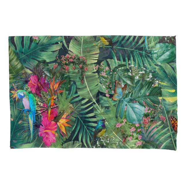 Tropical green plant leaves & Parrods Pillow Case (Front)