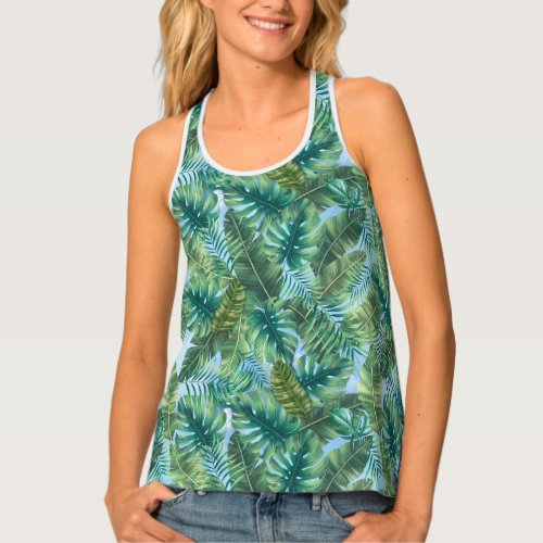 Tropical green plant leaves tank top