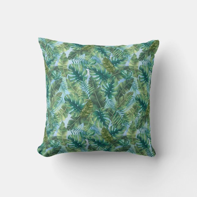 Tropical green plant leaves throw pillow (Front)