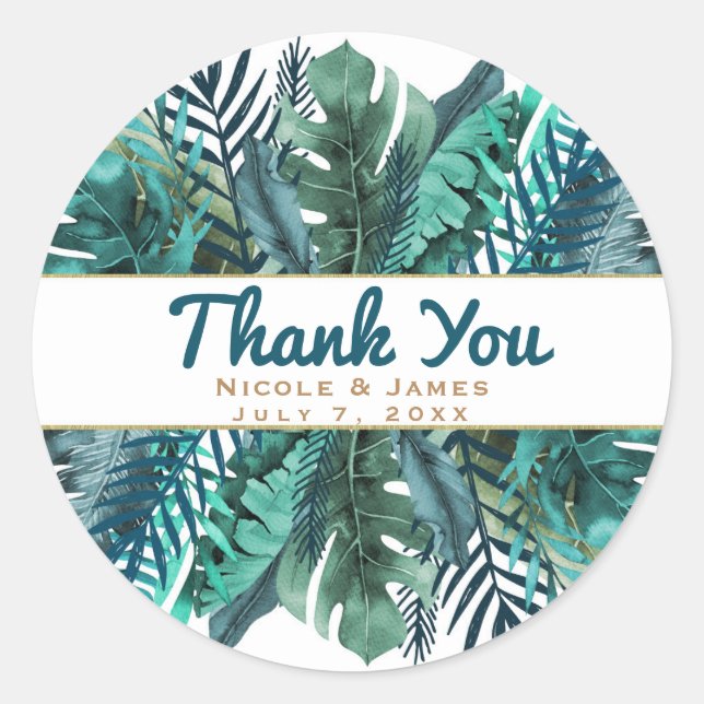 Tropical Green Teal Leaves Elegant White Wedding Classic Round Sticker (Front)