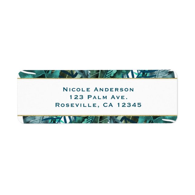Tropical Green Teal Leaves Elegant White Wedding Label (Front)