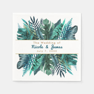 Tropical Green Teal Leaves Elegant White Wedding Napkins