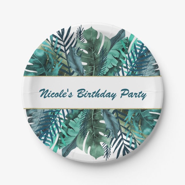 Tropical Green Teal Leaves Elegant White Wedding Paper Plates (Front)