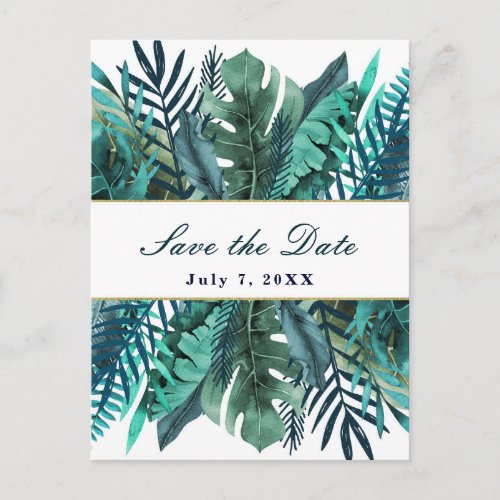 Tropical Green Teal Leaves Wedding Save the Date Announcement Postcard