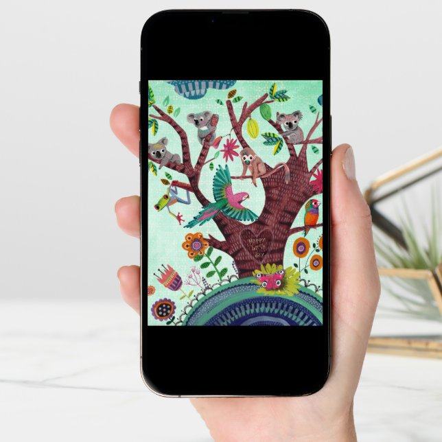 Tropical green tree with animals koala birthday card (Front Digital)
