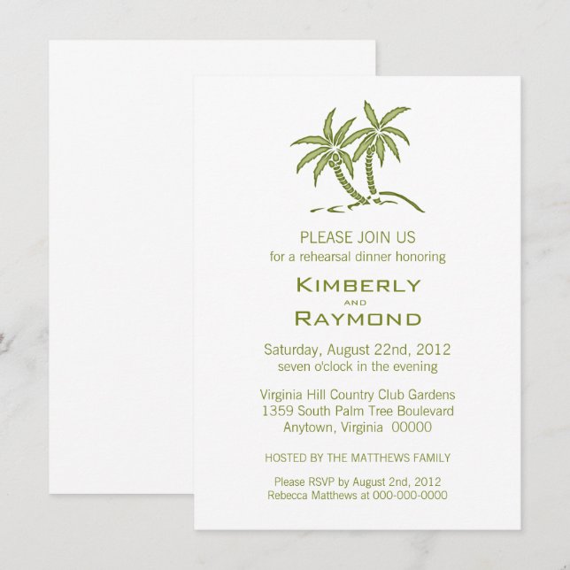 Tropical Green Twin Palm Trees Rehearsal Dinner Invitation (Front/Back)