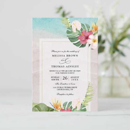 Tropical Green Watercolor Budget QR Code Wedding Invitation