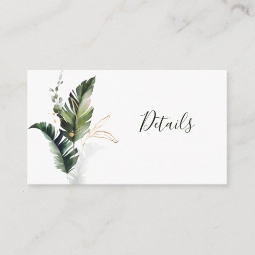 Tropical Green Watercolor Foliage Wedding Details Enclosure Card