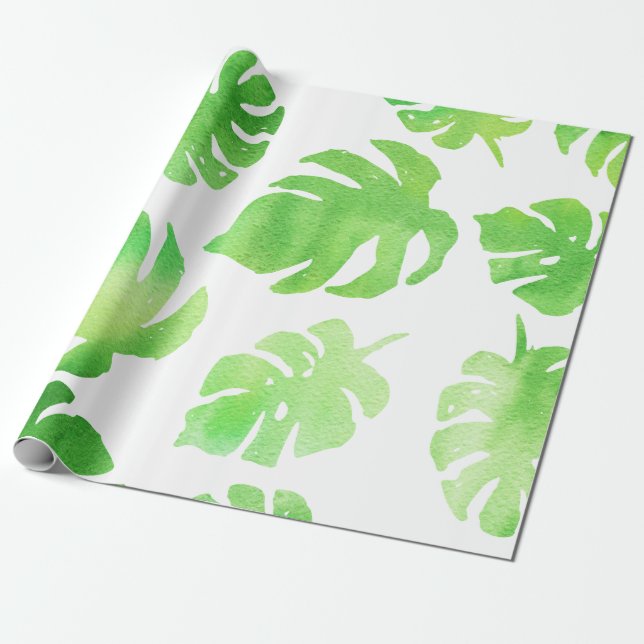 Tropical Green Watercolor Large Leaves Pattern Wrapping Paper (Unrolled)