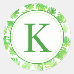 Tropical Green Watercolor Leaves Monogram Classic Round Sticker