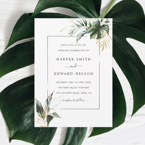 Tropical Green Watercolor Leaves Wedding Invitation