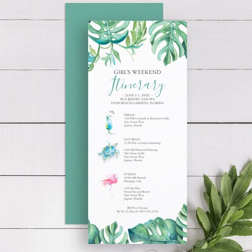 Tropical Green Watercolor Leaves Weekend Itinerary