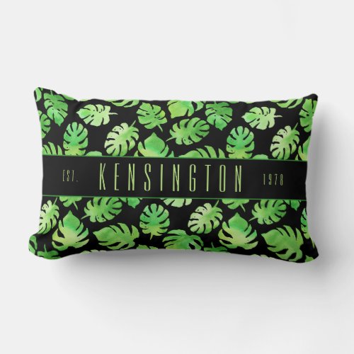 Tropical Green Watercolor Leaves with Family Name Lumbar Pillow